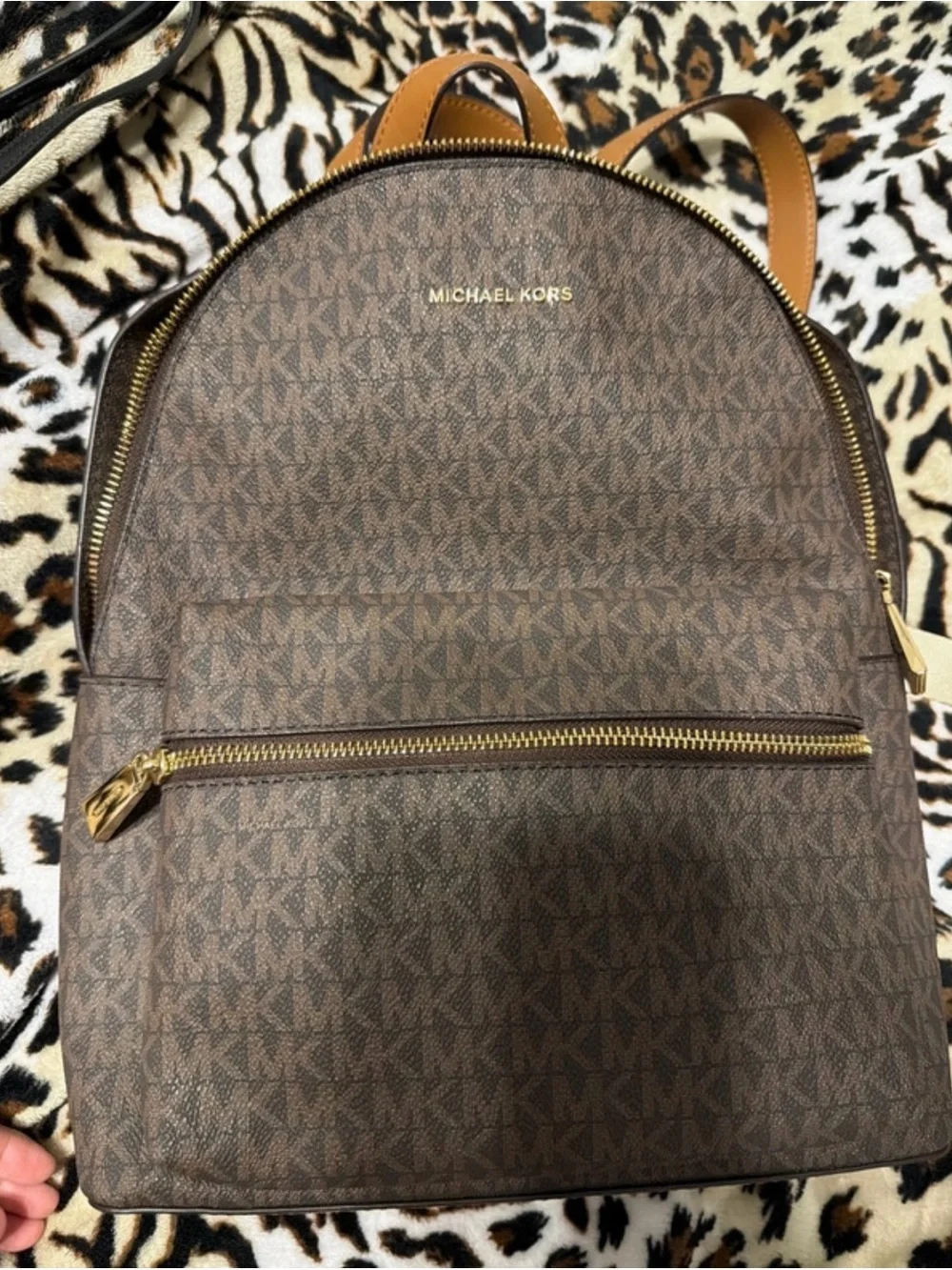 Michael Kors Brown Monogram Backpack with Tan Trim and Gold Hardware